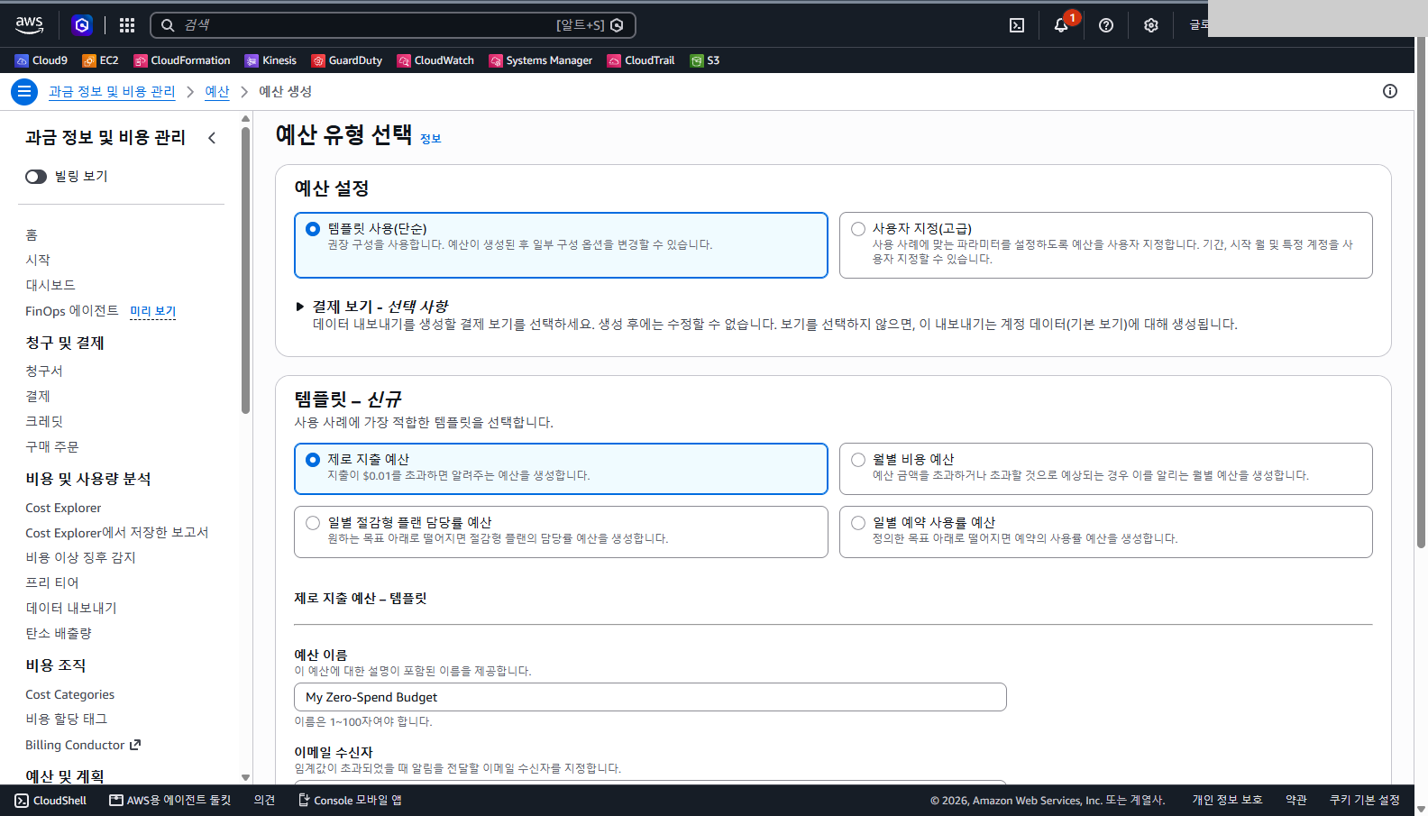 예산 유형 선택 화면에서 템플릿 사용과 네 가지 템플릿 카드를 볼 수 있는 화면