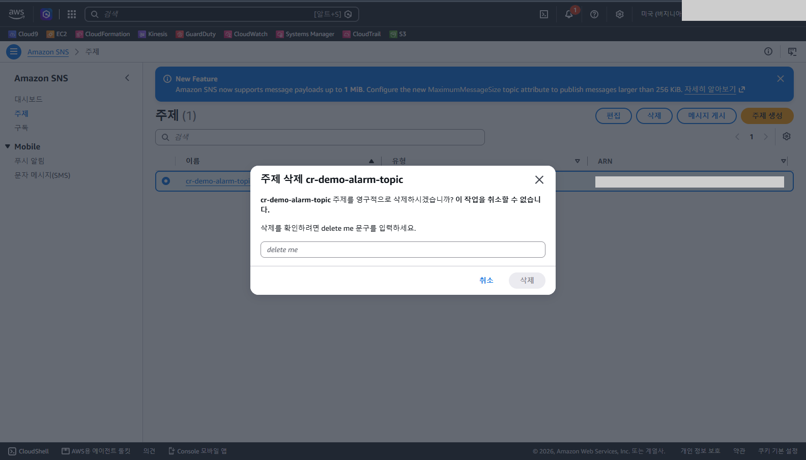 SNS 주제 삭제 대화상자에 cr-demo-alarm-topic을 영구적으로 삭제할지 묻고 delete me 문구를 입력하라는 안내와 입력칸이 보이며 목록 행의 ARN은 가려진 화면