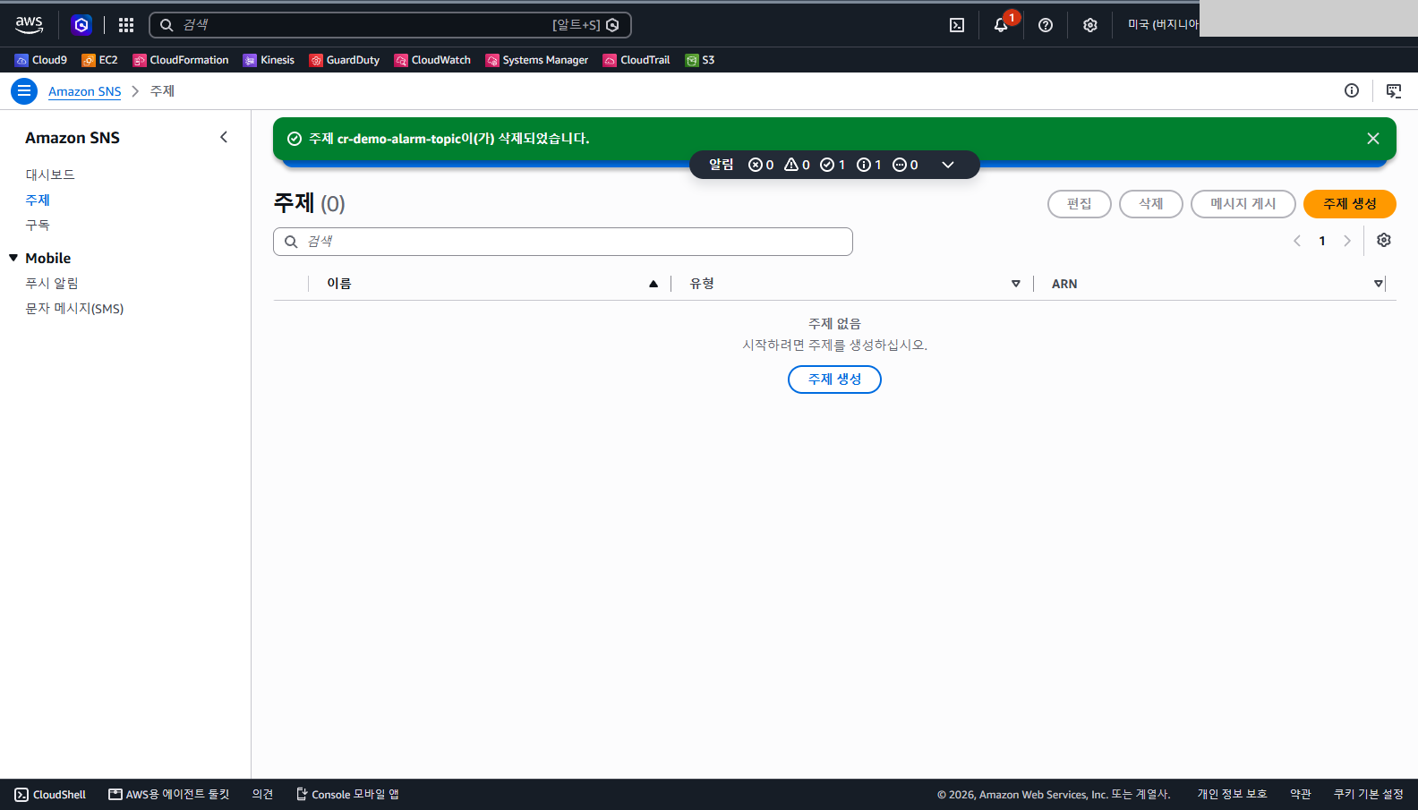 SNS 주제 cr-demo-alarm-topic이 삭제되었다는 초록색 알림과 주제가 0개로 표시되는 화면