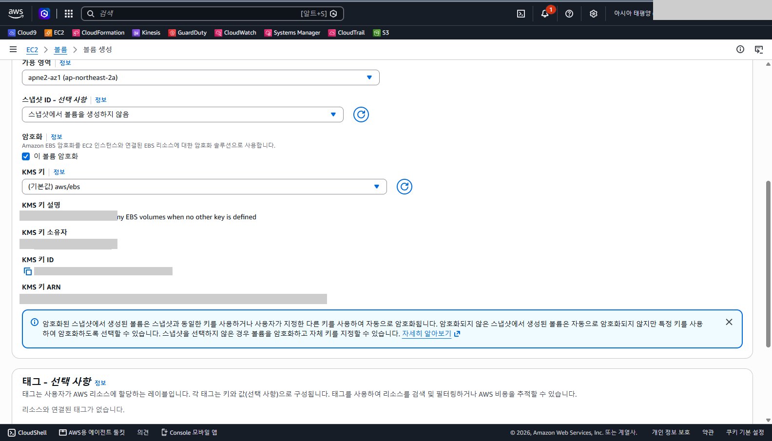 KMS 키로 aws/ebs를 선택하자 키 정보 항목과 파란 안내 상자가 나타난 화면