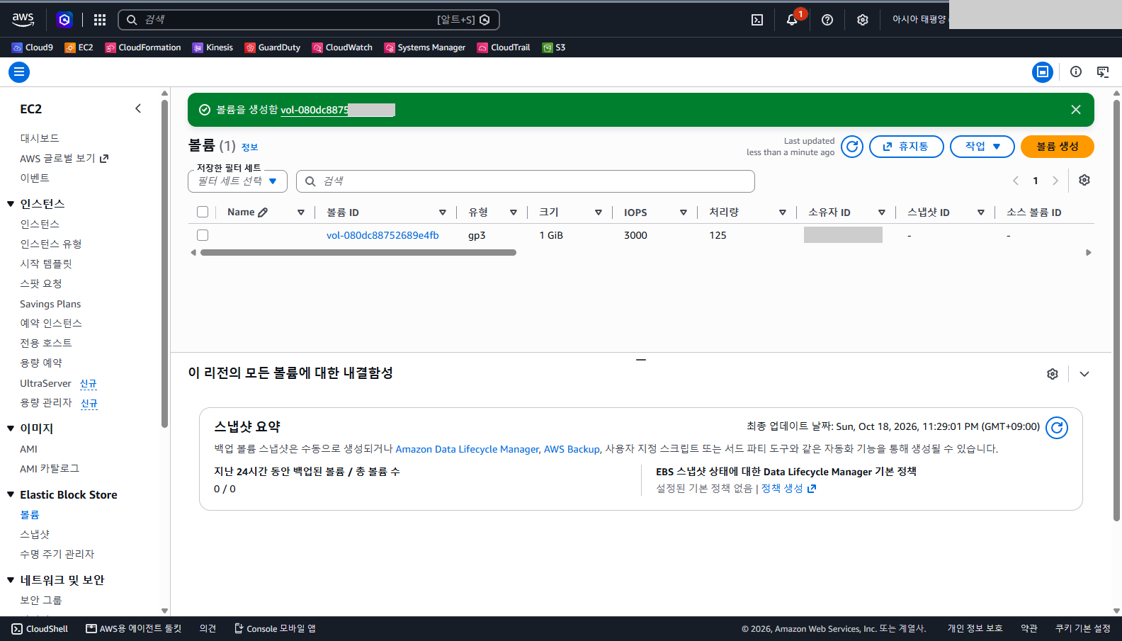 볼륨을 생성했다는 초록색 알림과 목록에 gp3 1GiB IOPS 3000 처리량 125인 볼륨 1개가 보이고 소유자 ID와 일부 값은 가려진 화면