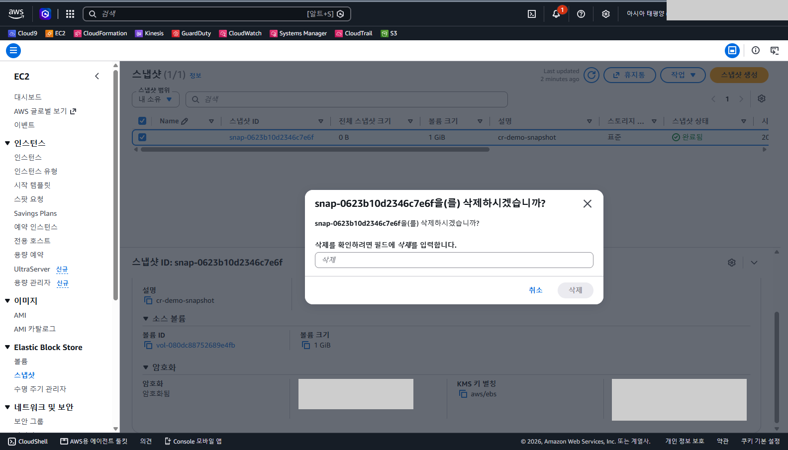 스냅샷 삭제 대화상자에 삭제할 스냅샷 ID가 표시되고 확인 입력칸의 안내 글자가 삭제로 보이며 삭제 단추는 비활성인 화면
