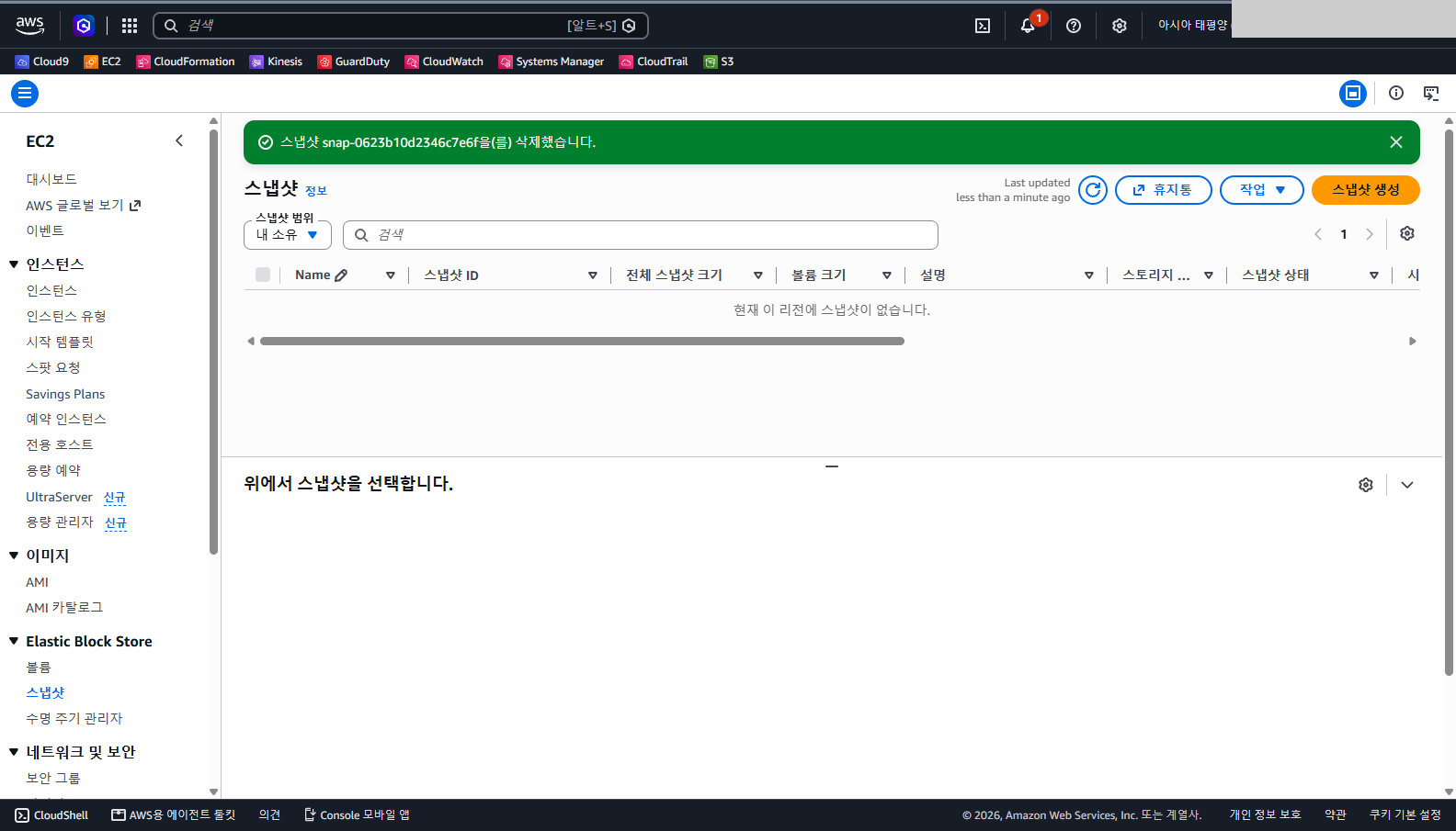 스냅샷을 삭제했다는 초록색 알림과 현재 이 리전에 스냅샷이 없다는 안내가 보이는 화면