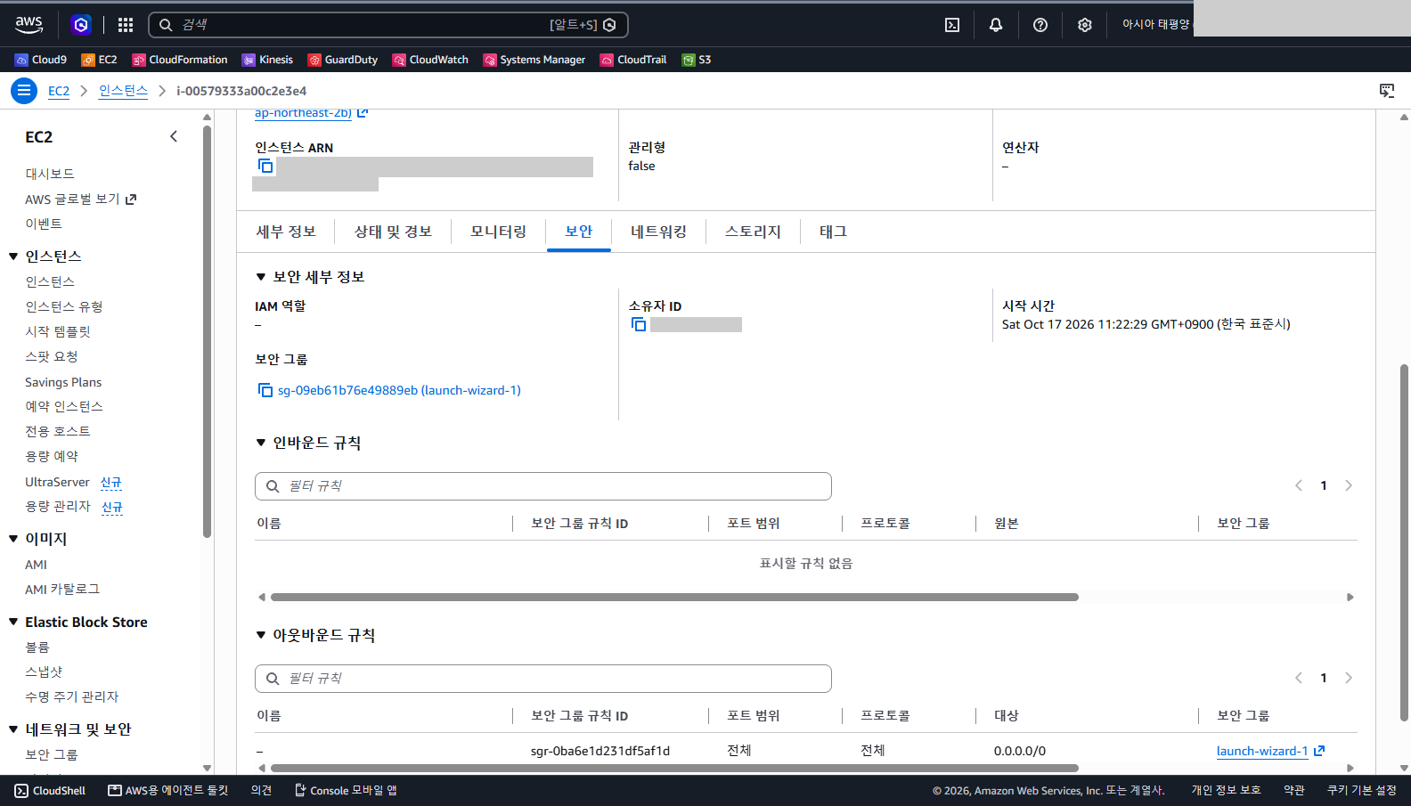 보안 탭에서 보안 그룹이 launch-wizard-1이고 인바운드 규칙에 표시할 규칙 없음, 아웃바운드 규칙에 전체 프로토콜과 대상 0.0.0.0/0이 있는 것을 확인합니다.