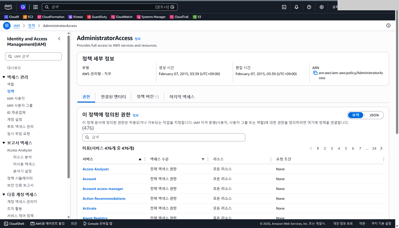 AdministratorAccess 상세에서 유형, 생성 시간, ARN과 서비스별 액세스 수준, 모든 리소스 항목을 확인합니다.