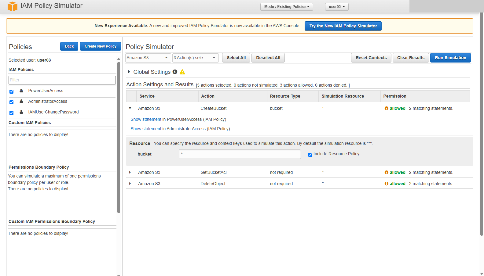 CreateBucket 행을 펼치면 PowerUserAccess와 AdministratorAccess 두 정책이 허용 문장이 들어 있는 정책으로 나열된 것을 확인합니다.