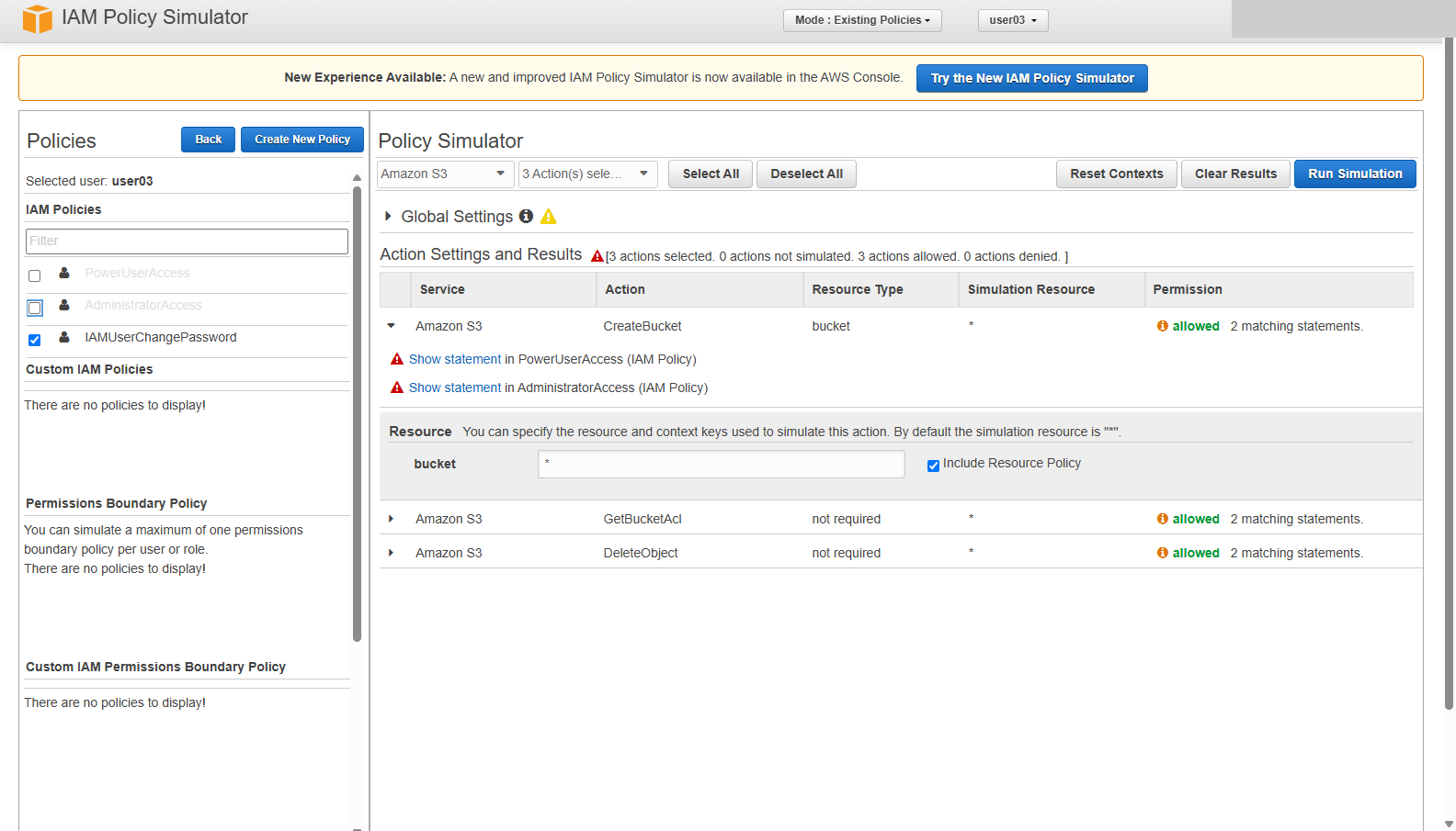 PowerUserAccess와 AdministratorAccess 체크가 해제되고 IAMUserChangePassword만 남은 것을 확인합니다. 아래 결과는 이전 실행값으로 경고 표시가 붙어 있습니다.