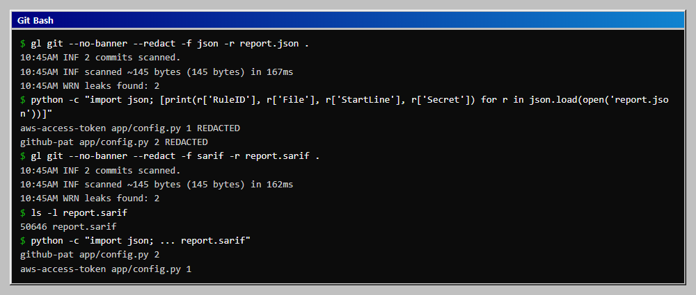JSON 리포트에서 RuleID, 파일, 줄 번호를 뽑은 결과와 SARIF 파일 크기, SARIF results에서 뽑은 같은 두 건을 확인합니다.