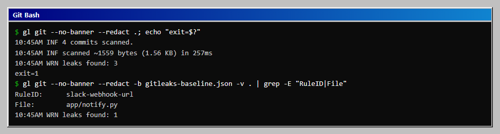 baseline 없이는 3건과 exit=1, baseline을 주면 slack-webhook-url 한 건만 남는 것을 확인합니다.