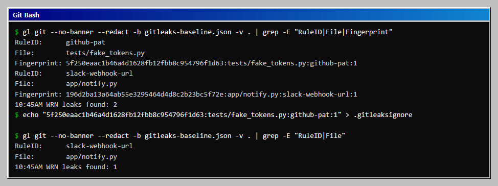 .gitleaksignore에 Fingerprint를 적은 뒤 tests/fake_tokens.py가 빠지고 slack-webhook-url 한 건만 남는 것을 확인합니다.