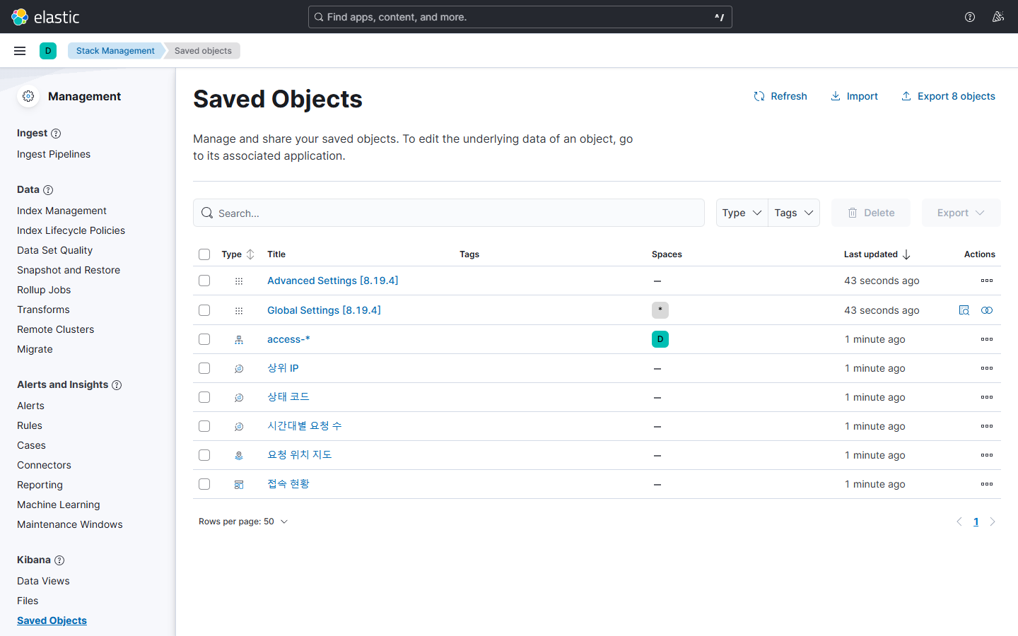 Saved Objects 화면에 접속 현황 대시보드, 시각화 세 개, 지도, 데이터 뷰가 나열되고 위쪽에 Import와 Export 버튼이 있으며 Advanced Settings 같은 설정 객체도 함께 보이는 것을 확인합니다. 버튼의 Export 8 objects에는 이 설정 객체들이 포함되어 있습니다.