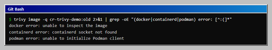 로컬 이미지 이름으로 스캔하면 docker, containerd, podman 연결 오류가 차례로 나오는 것을 확인합니다.